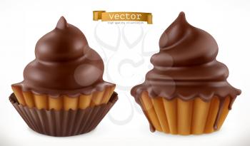Chocolate cupcake, fairy cake. 3d realistic vector icon
