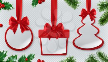 Christmas decorations. Bauble, gift box, spruce tree. Red ribbon and bow. Paper cards 3d vector set