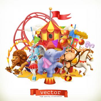 Circus, funny animals. Elephant, monkey, lion, horse. 3d vector
