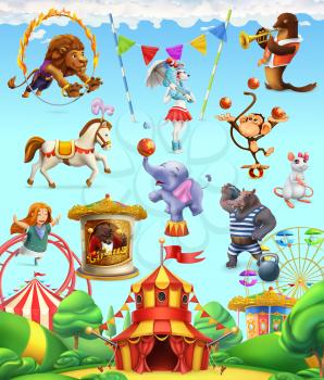 Circus funny animals, set of vector icons. 3d vector icon set