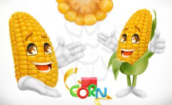 Corn, cartoon character. Food for kids. 3d vector icon