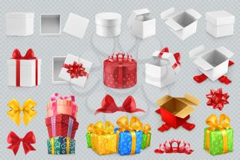 Gift boxes with bows. 3d set of vector icons