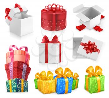 Gift boxes with bows. 3d vector icon set