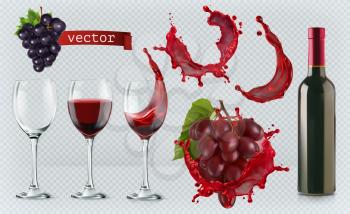 Red wine. Glasses, bottle, splash, grapes. 3d realistic vector icon set