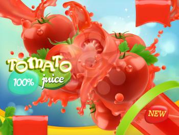 Tomato vegetables. Splash of juice. 3d realistic vector, package design