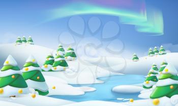 Winter landscape. Christmas background 3d vector illustration