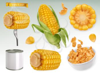 Corn cob, grains, corn flakes. Set 3d vector elements. Package design
