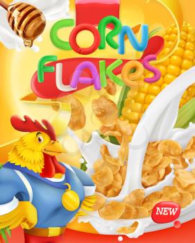 Corn flakes, rooster mascot. Honey and milk splashes. 3d realistic vector, package design
