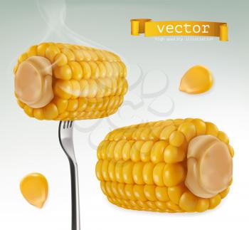 Hot corn on fork. 3d vector icon