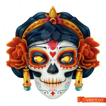 Day of the dead. Dia de los muertos. Skull, woman 3d vector icon