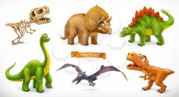 Dinosaurs cartoon character. Brachiosaurus, pterodactyl, tyrannosaurus rex, dinosaur skeleton, triceratops, stegosaurus. Funny animal 3d vector icon set