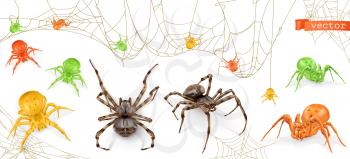 Halloween. Red, yellow and green spiders. 3d realistic vector icon set