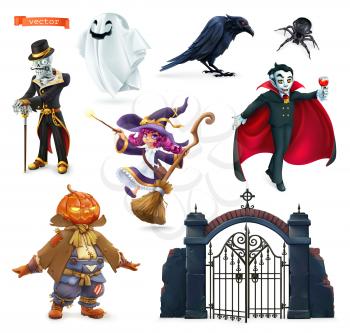 Happy Halloween. Characters and objects 3d vector set. Skeleton, pumpkin scarecrow, witch, ghost, raven, spider, vampire, gate to the cemetery.