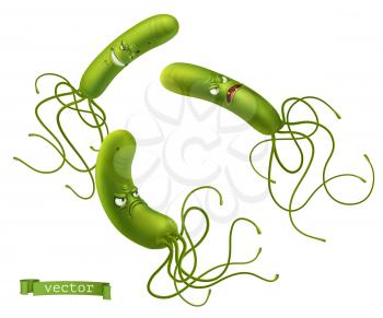 Helicobacter pylori bacteria. Green funny monsters, cartoon characters. 3d vector icon