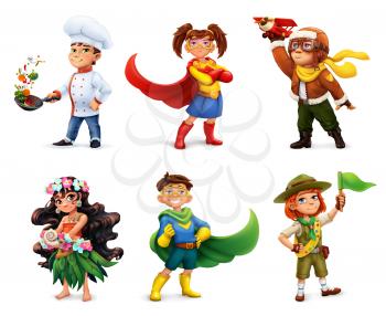 Little children in costumes. Superheroes, cook, pilot, scout. Comic character, 3d vector icon set