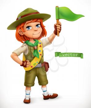 Little scout with green flag. Comic character, 3d vector illustration