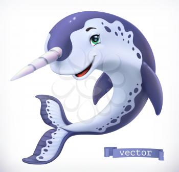 Narwhal cartoon character. Funny animal, 3d vector icon