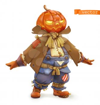 Pumpkin scarecrow. Happy Halloween. 3d vector cartoon character