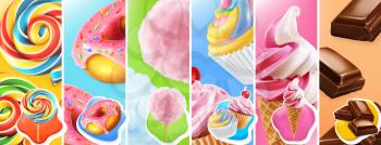 Sweet food. Lollipop, donut, cotton candy, cupcake, ice cream, chocolate. 3d realistic vector icon set