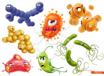 Virus, bacteria. Diplococcus, streptococcus, helicobacter pylori, pneumococcus, staphylococcus aureus. Funny monster, cartoon character. 3d vector icon set