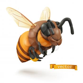 Bee, bumblebee. 3d cartoon vector icon. Plasticine art illustration