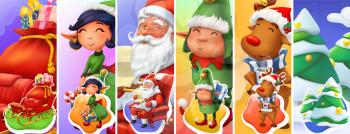 Christmas and New Year. Santa Claus, sleigh, elves, christmas tree. 3d vector background