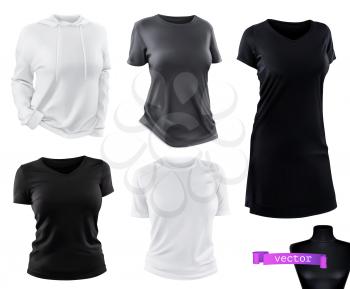 Clothing. T-shirts, hoodie, dress mockup. 3d realistic vector set