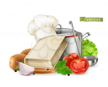 Cooking, recipe book. 3d realistic food illustration