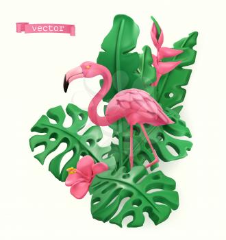 Flamingo and tropical leaves. Summer time concept. 3d vector objects. Plasticine art illustration
