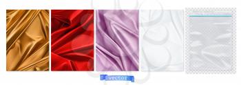 Gold and red fabric, violet curtain, white paper, transparent plastic package. 3d vector realistic backgrounds