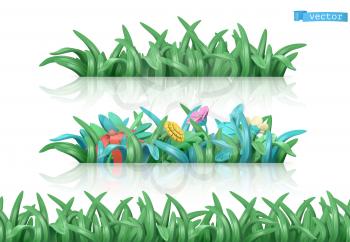 Grass and flowers. Cartoon 3d vector seamless pattern