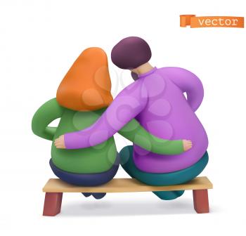 Love story, romance, people fell in love, couple on a bench. 3d minimalism vector icon