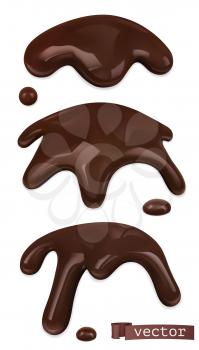 Melted chocolate. Chocolate drops and drips. 3d realistic vector objects. Food illustration