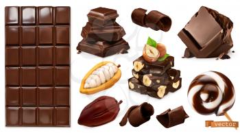 Realistic Chocolate. Chocolate bar, candy, pieces, shavings, cocoa beans and hazelnuts. 3d vector set