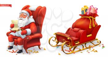 Santa Claus and sleigh with gifts. 3d vector icons