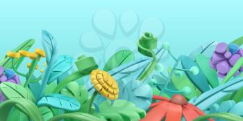 Spring grass and flowers. Cartoon. 3d vector background
