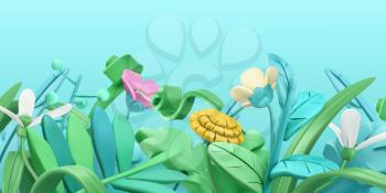 Spring grass and flowers. Cartoon. 3d vector background