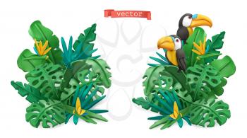 Tropical leaves design. Plasticine art illustration. 3d vector objects