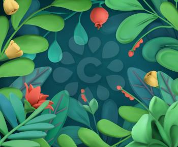 Abstract plants and flowers frame. 3d plasticine art vector illustration