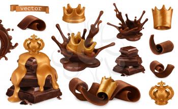 Chocolate and golden crown 3d realistic vector icon set