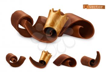 Chocolate shavings with gold crown 3d realistic set. Vector objects food illustration