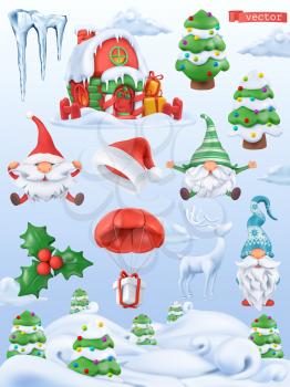 Christmas cartoon 3d vector icon set. Santa claus, santa hat, dwarves, tree, gift, icicle, holly, gingerbread house