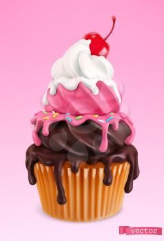 Cupcake with cherry. 3d realistic vector object. Food icon