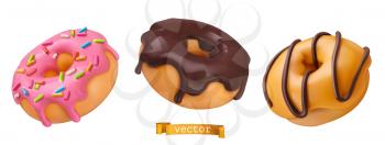 Donuts with pink icing and chocolate. 3d vector realistic objects. Food icon set