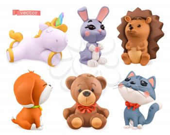 Funny little animals. Unicorn, bunny, hedgehog, dog, bear, cat. 3d vector icon set