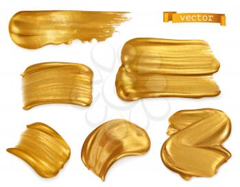 Gold paint smear, 3d vector realistic set