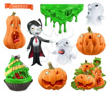 Happy Halloween. Carved pumpkins, cupcake, sticky drips, ghosts, vampire. Characters and objects 3d vector set