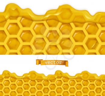 Honey and honeycombs. 3d realistic vector seamless pattern. Food illustration