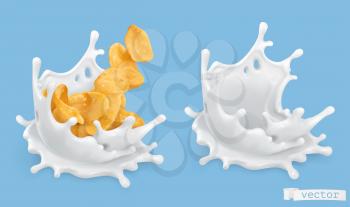 Milk splash and corn flakes. 3d realistic vector objects, food illustration