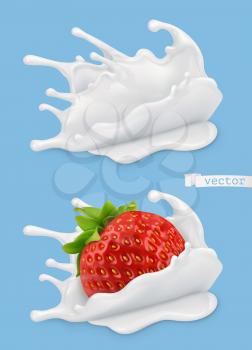 Milk splash and strawberry. 3d realistic vector objects, food illustration